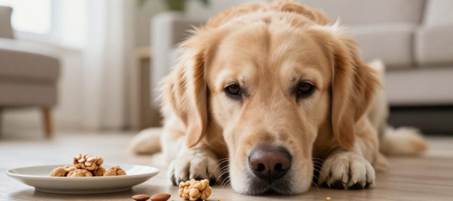 Un perro Golden Retriever con mirada preocupada observa trozos de mazapán y migas esparcidas por el suelo de una sala.