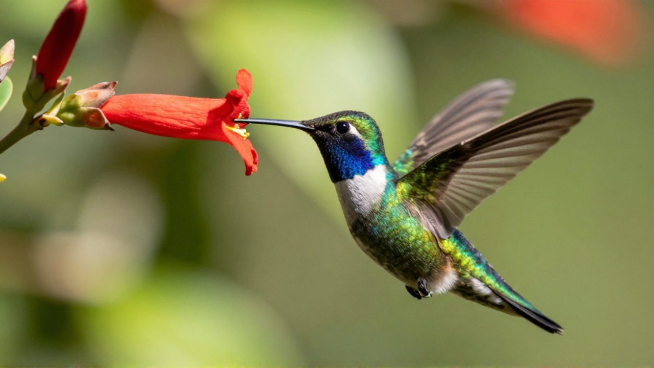Colibrí de plumaje brillante extrayendo néctar de una flor roja en un jardín.