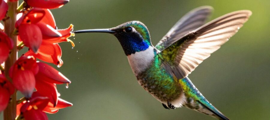 Colibrí de plumaje brillante extrayendo néctar de una flor roja en un jardín.