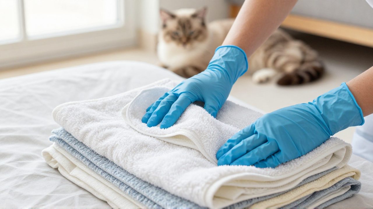 Persona con guantes azules desinfectando textiles y una cama de gato para mantener un entorno limpio y seguro.