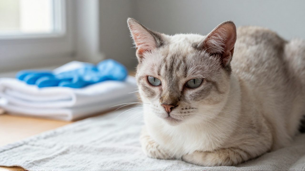 Gato doméstico con signos de irritación cutánea en la cara y orejas sentado en una superficie neutra junto a guantes médicos y una toalla limpia.