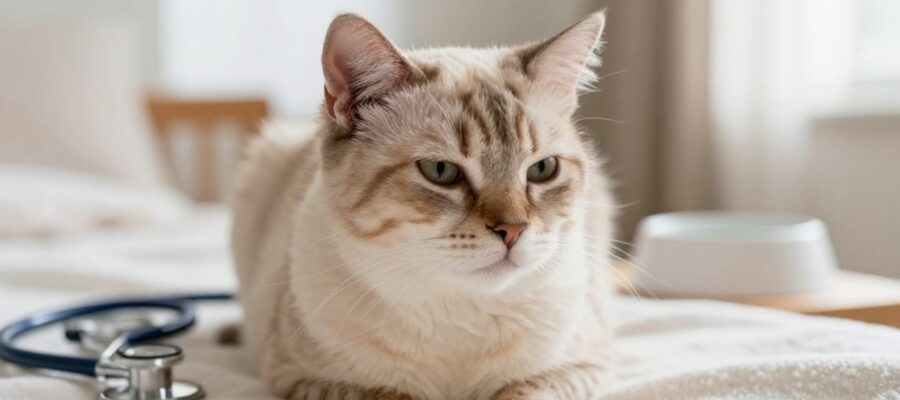 Gato con pérdida de pelo en la zona de la cara sentado sobre una manta en un ambiente doméstico con un estetoscopio desenfocado al fondo.