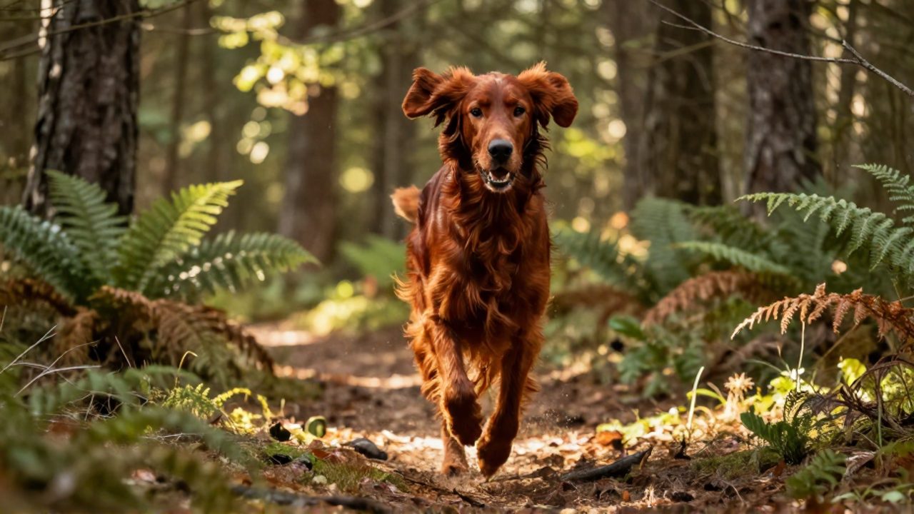 Un Setter Irlandés de pelaje rojizo corre con agilidad por un sendero en un bosque iluminado por el sol.