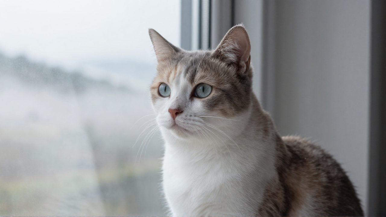 Gato bicolor blanco y gris sentado frente a una ventana con vistas a un paisaje neblinoso.