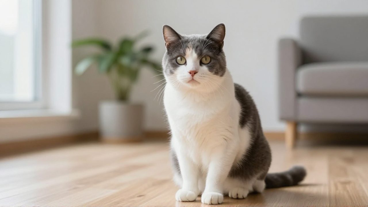 Gato bicolor de pelaje blanco y gris oscuro sentado en una sala luminosa con suelos de madera.