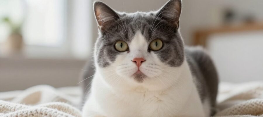 Gato bicolor blanco y gris con mirada curiosa sentado sobre una manta de lana clara.