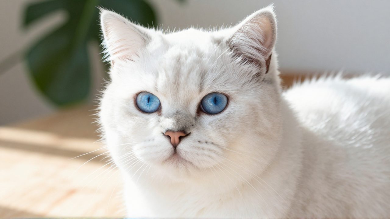 Primer plano de un gato Angora turco de pelaje blanco y ojos azules intensos sobre una superficie de madera con luz natural.