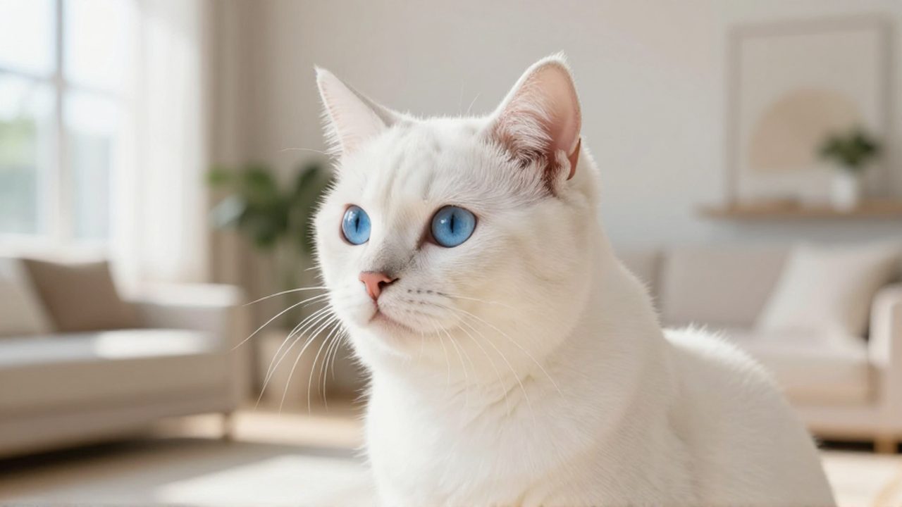 Primer plano de un gato blanco con ojos azules brillantes sentado tranquilamente en un salón luminoso.