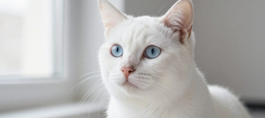 Primer plano de un gato blanco de pelaje denso con ojos azules brillantes y expresión tranquila sobre un fondo neutro.