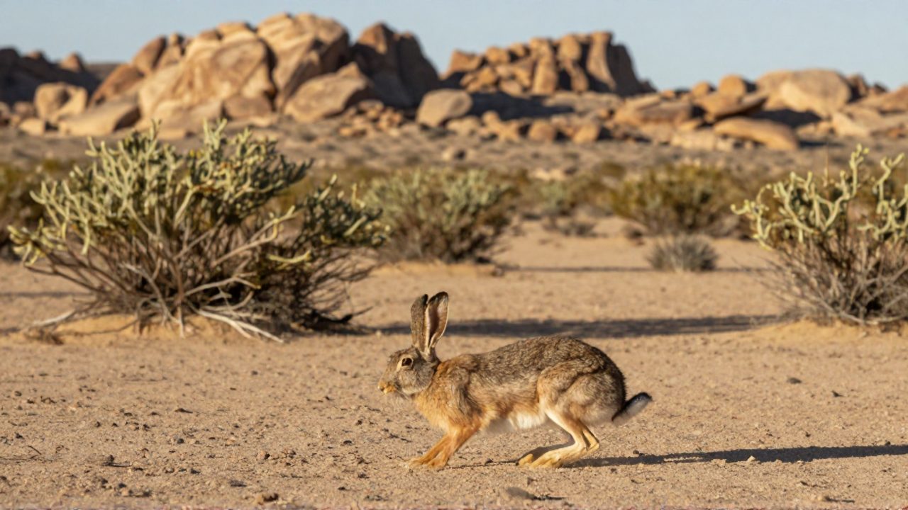 Liebre de California alerta con las orejas erguidas y las patas listas para correr en un entorno de matorrales y rocas del desierto de Chihuahua.