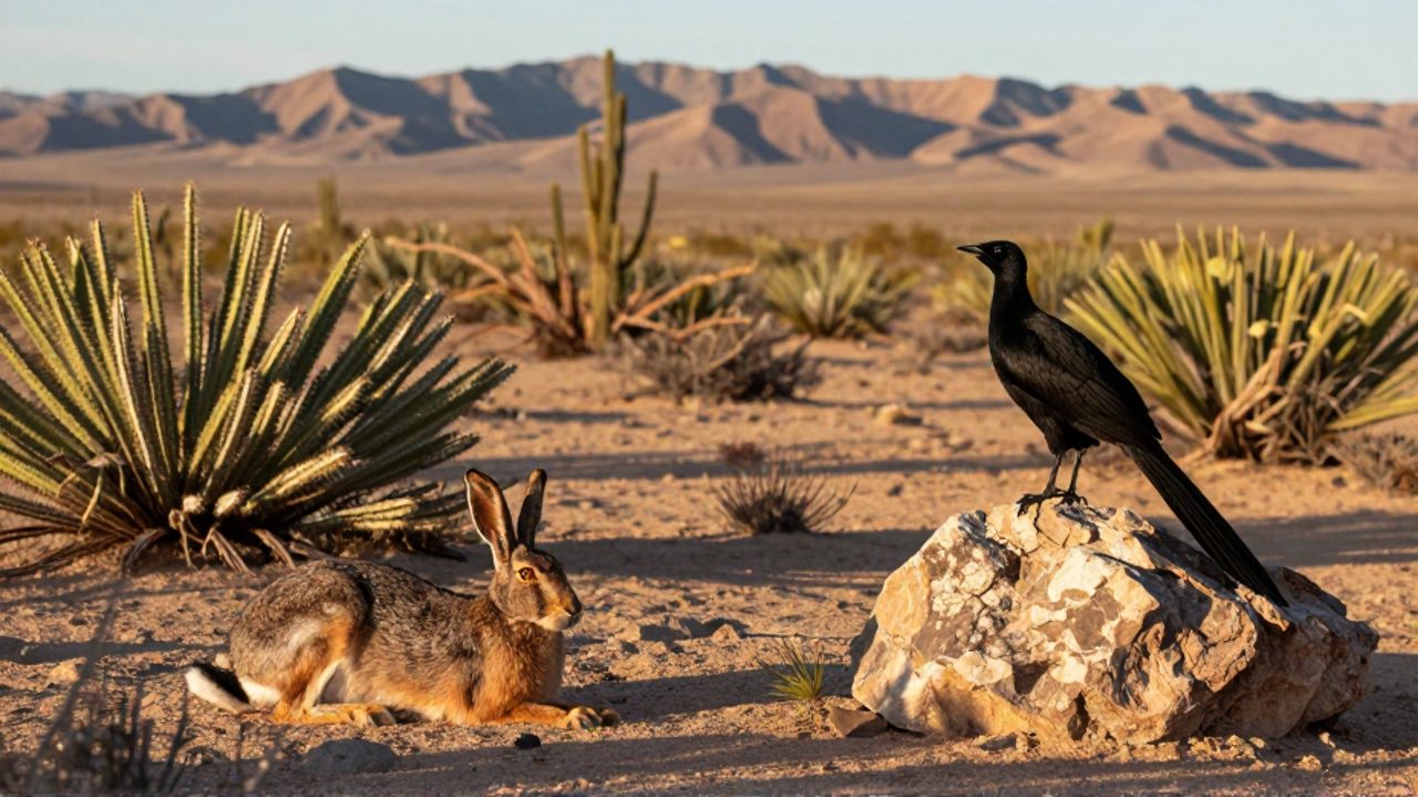 Una liebre de cola negra y un correcaminos descansan entre matorrales y cactus en el árido paisaje del desierto de Chihuahua bajo la luz del atardecer.