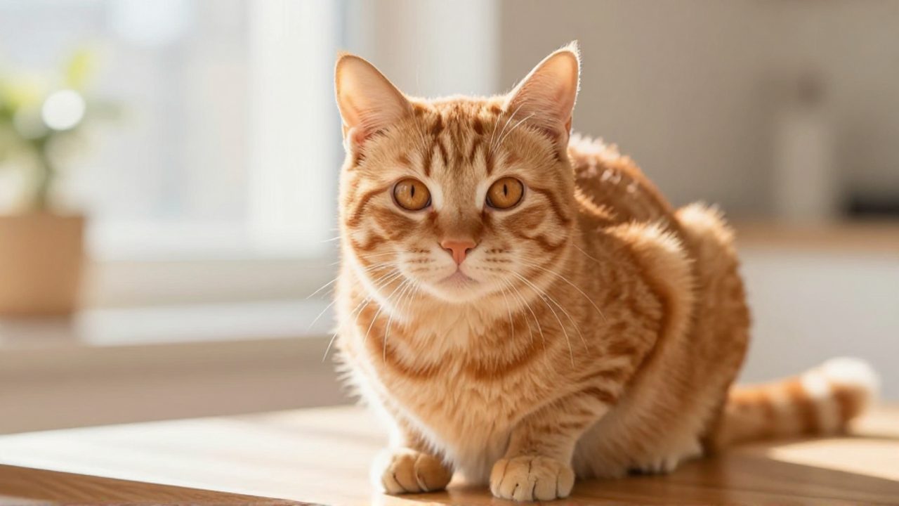 Gato de pelaje naranja con manchas blancas y ojos ámbar sentado sobre una superficie de madera en un interior iluminado por el sol.