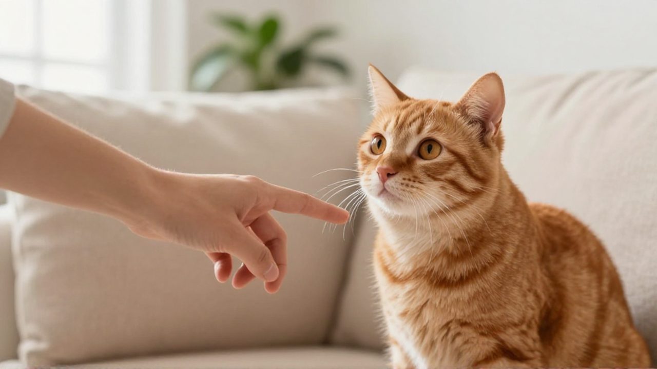 Una persona acaricia suavemente con un dedo a un gato naranja que la mira con curiosidad sobre un sofá.