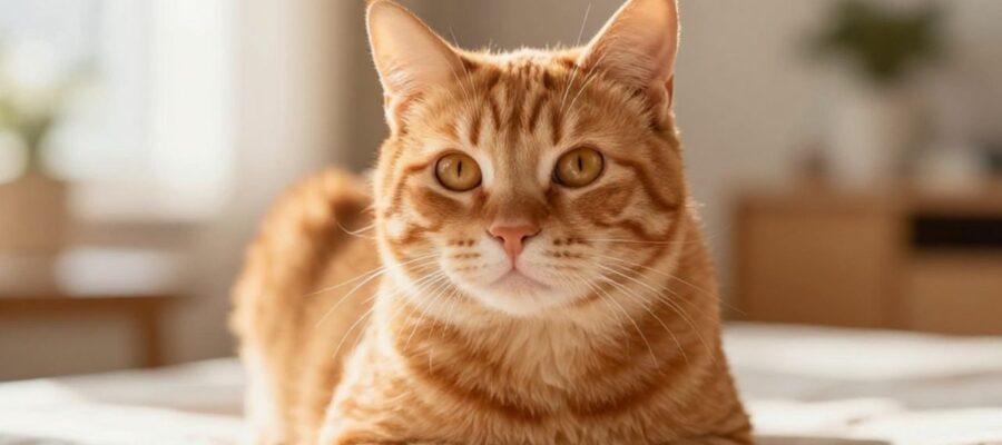 Gato tabby de color naranja brillante con ojos ámbar sentado sobre una superficie de lino en una sala de estar iluminada por el sol.