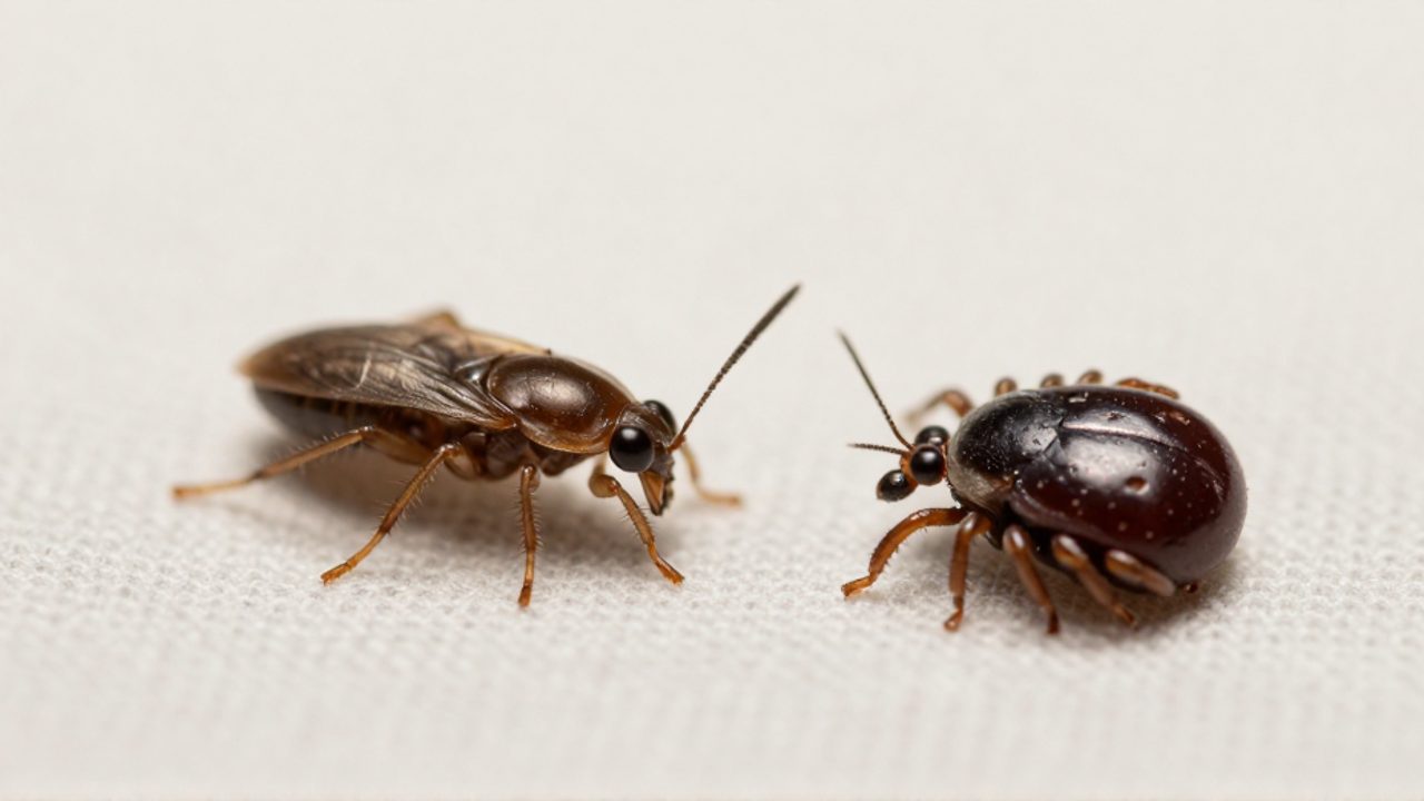 Una pulga y una garrapata sobre una sábana de algodón que muestran sus diferencias de forma y extremidades.
