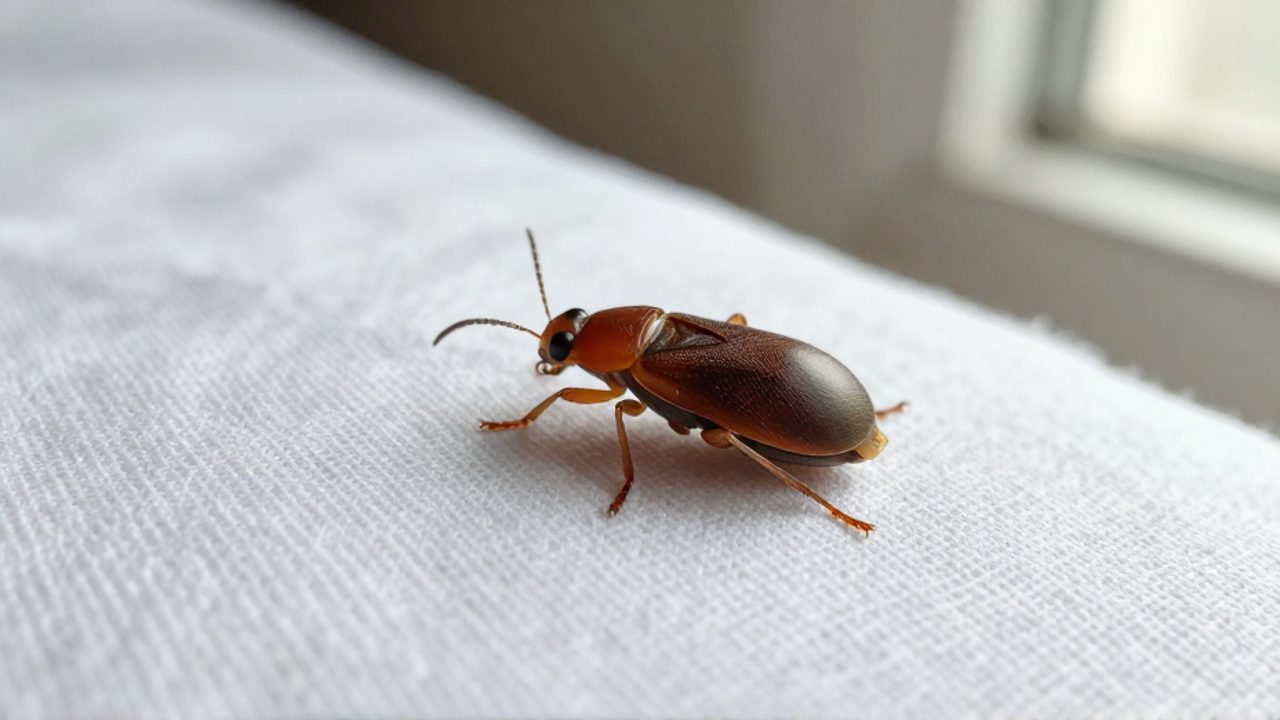 Insecto pequeño de color marrón rojizo y cuerpo ovalado sobre la superficie de una sábana blanca.