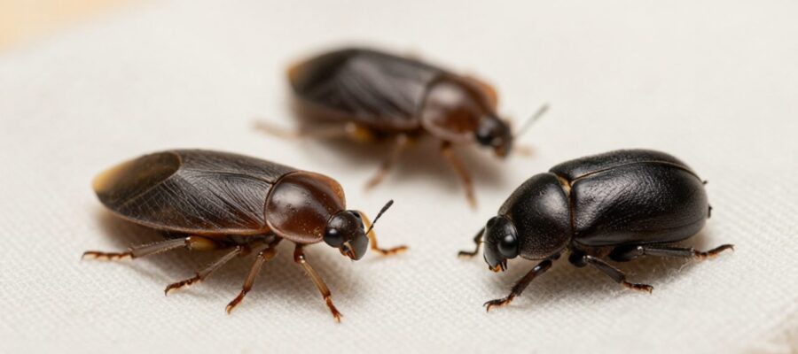 Comparativa de un insecto marrón de forma ovalada similar a una chinche junto a un escarabajo de alfombra pequeño sobre una tela clara.