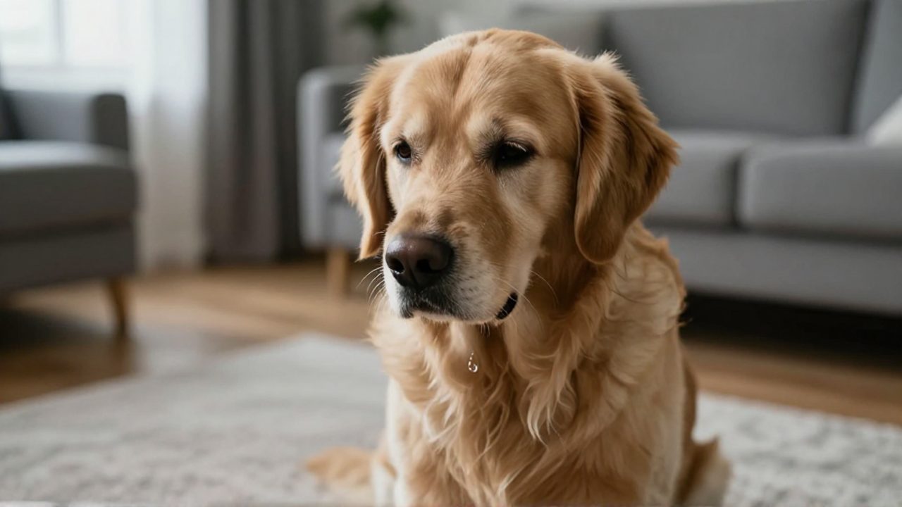 Golden Retriever con aspecto decaído y expresión de malestar sentado en el suelo de una sala.