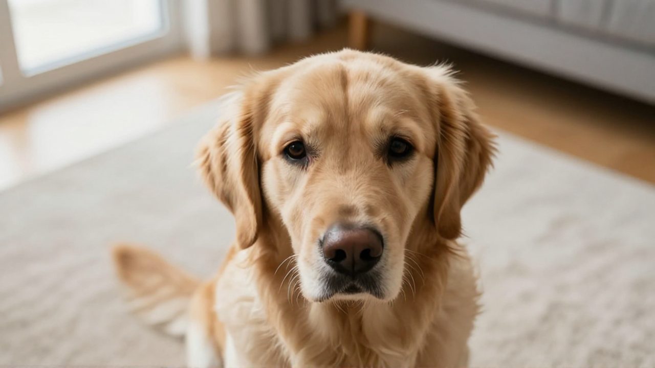 Perro golden retriever sentado en el suelo de una sala con expresión de malestar y mirada de preocupación.