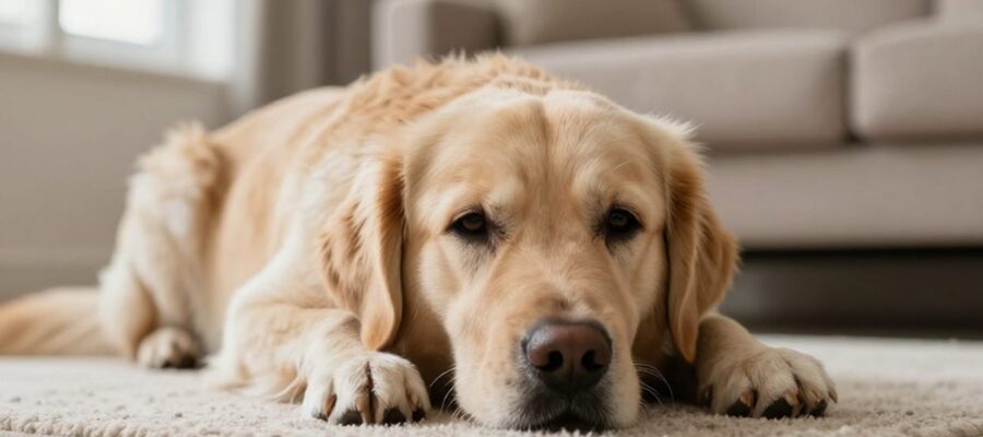 Un perro Golden Retriever con aspecto decaído y triste descansa sobre una alfombra en una sala de estar.
