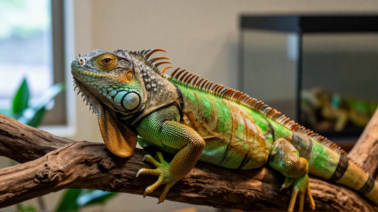 Una iguana verde de piel detallada descansa sobre una rama de madera dentro de un terrario en un hogar.