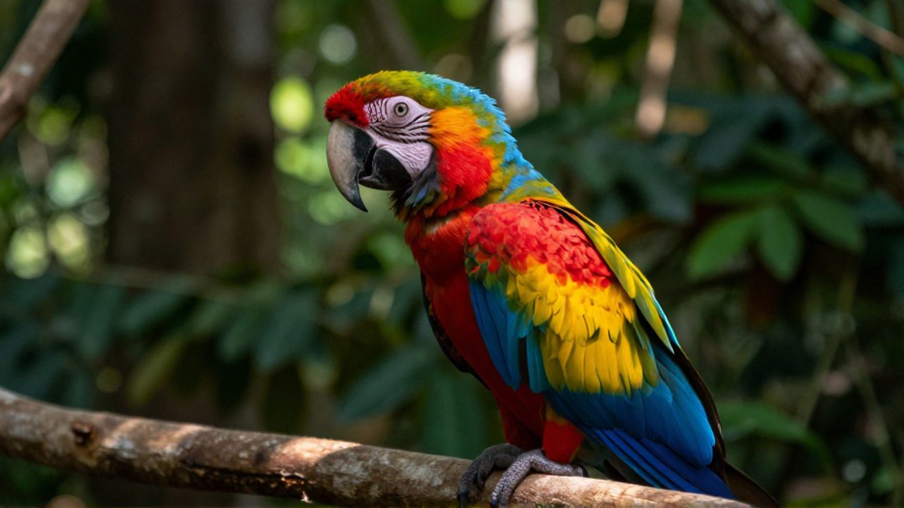 Primer plano de un guacamayo de colores brillantes posado sobre una rama en una selva tropical.
