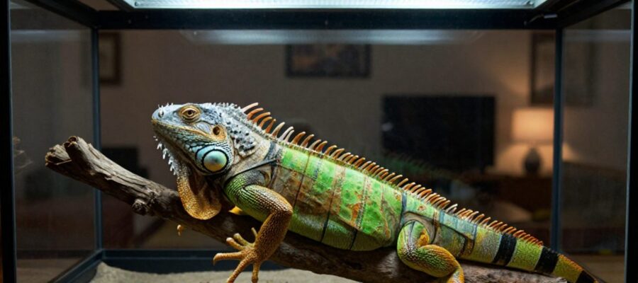 Una iguana verde descansa sobre una rama dentro de un terrario de cristal pequeño, resaltando su confinamiento en un entorno doméstico.