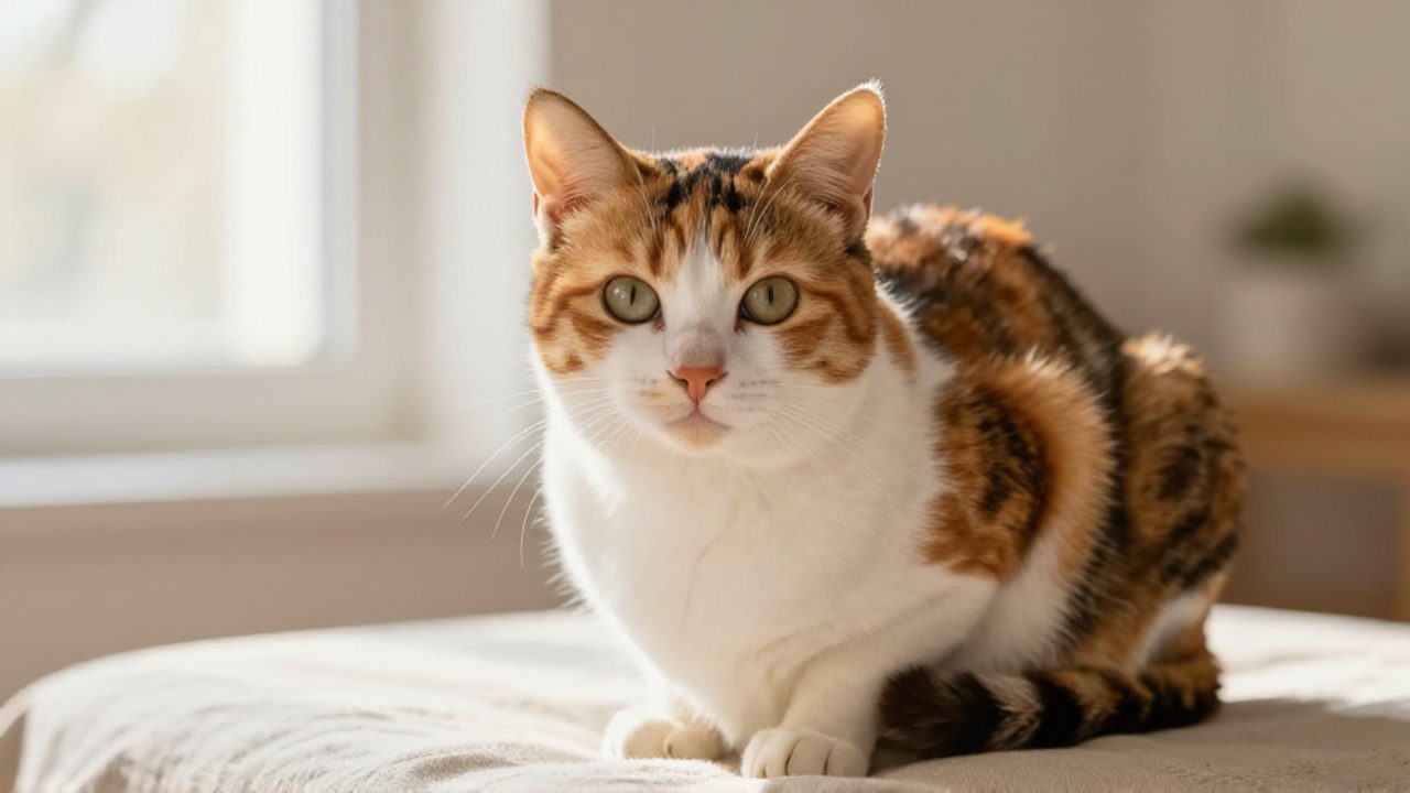 Gata calicó con pelaje tricolor de naranja, negro y blanco sentada sobre una superficie de lino en un interior luminoso.
