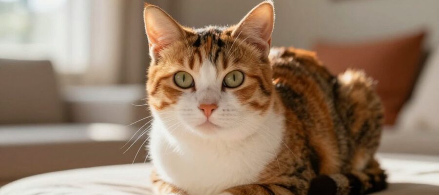 Primer plano de una gata calicó de pelaje naranja, negro y blanco sentada en una sala iluminada por el sol.