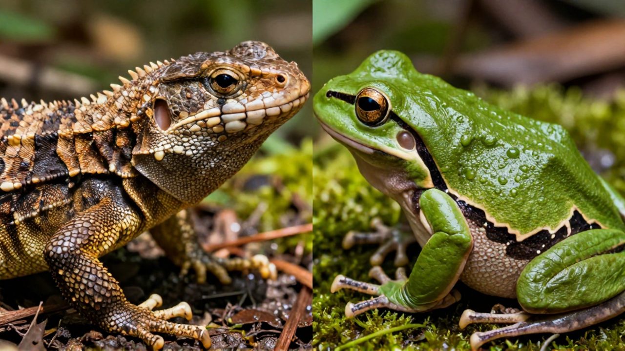 Comparación de texturas entre la piel escamosa y seca de un lagarto frente a la piel lisa y húmeda de una rana verde.