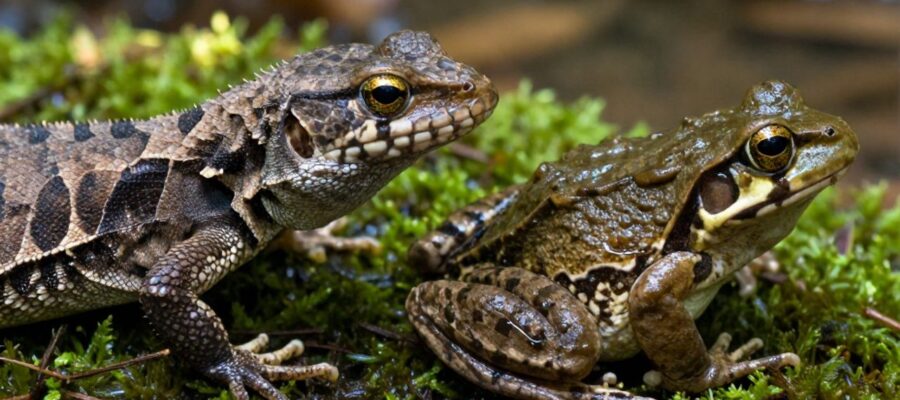 Comparación detallada entre las escamas secas de un pequeño lagarto y la piel húmeda y brillante de una rana arbórea sobre un fondo de musgo.