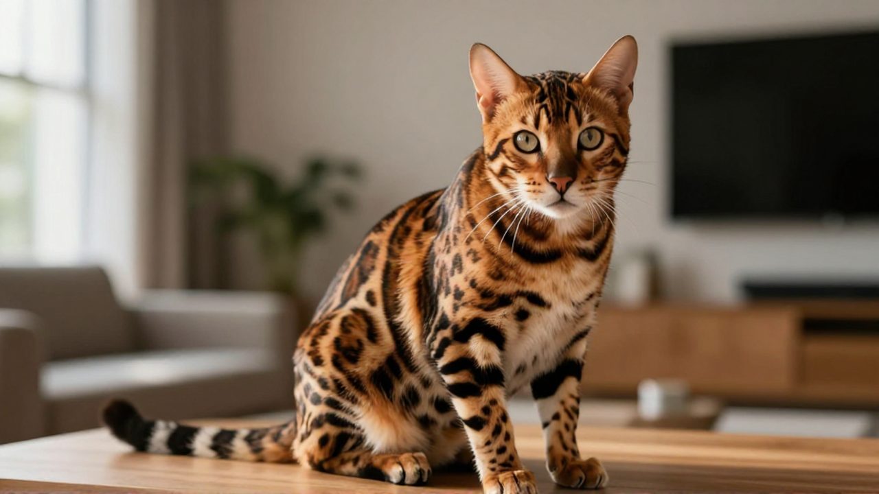 Gato de raza Bengal con manchas oscuras sobre pelaje naranja dorado, sentado en una superficie de madera.