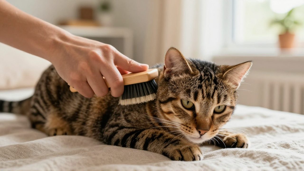Una mano cepilla suavemente el pelaje de un gato atigrado con rayas marcadas mientras el felino descansa relajado.