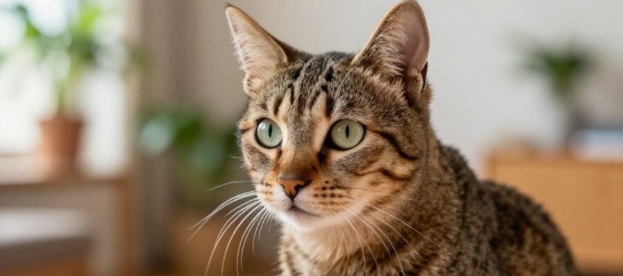 Primer plano de un gato atigrado con rayas marrones y crema que muestra claramente la marca en forma de M en su frente.