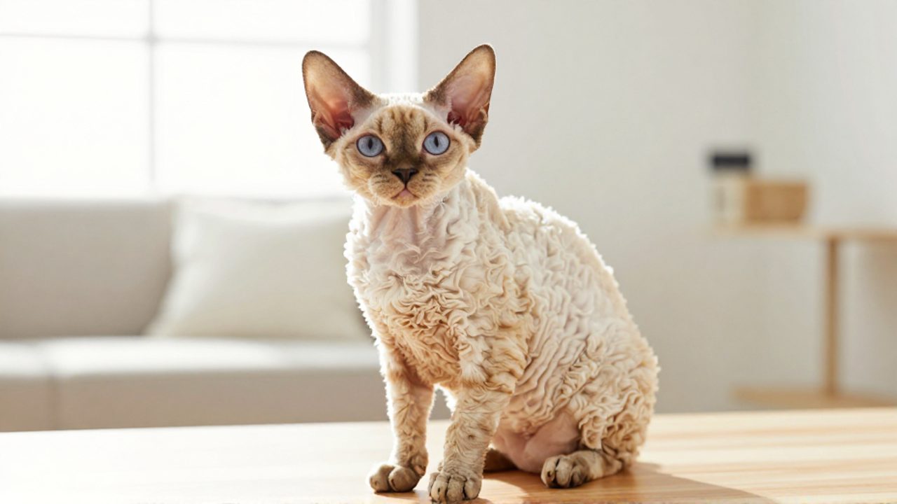 Gato de raza Devon Rex con pelaje corto y ondulado posado sobre una superficie de madera en un salón luminoso.