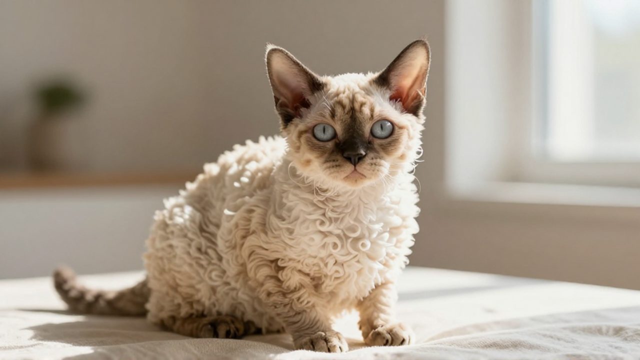 Gato de raza Selkirk Rex con pelaje denso y rizos marcados sentado sobre una superficie de lino.