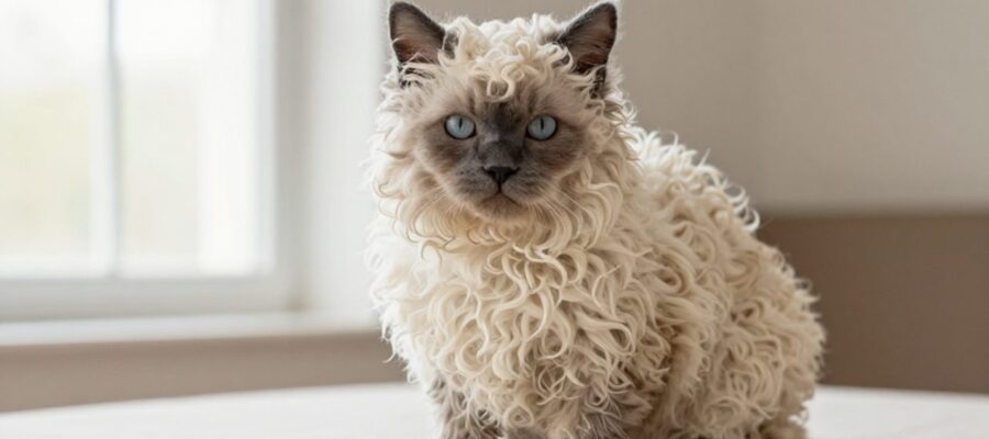 Gato de raza Selkirk Rex con pelaje denso y rizado similar a la lana, sentado en un entorno doméstico iluminado.