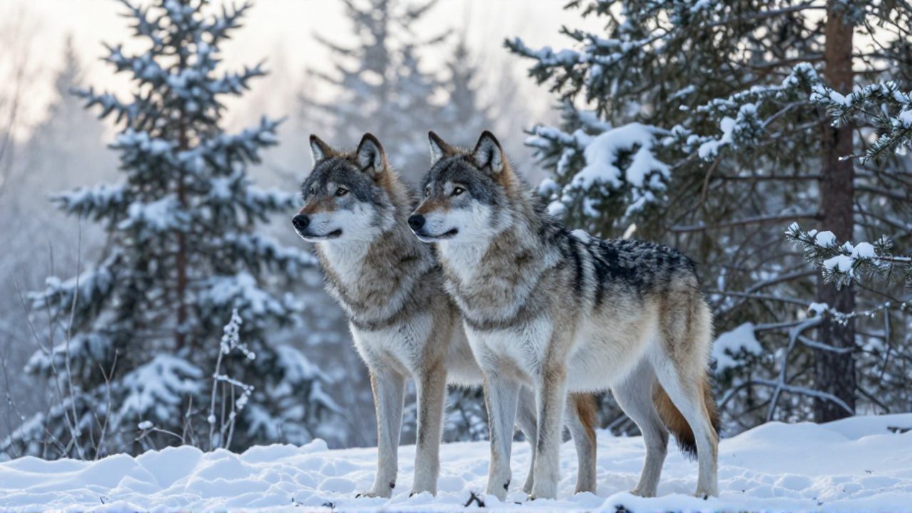 Pareja de lobos alfa de pie y atentos en un bosque de pinos cubierto de nieve y niebla matutina.