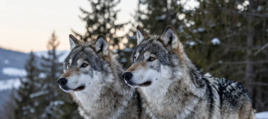 Pareja de lobos alfa macho y hembra parados juntos en un bosque de coníferas nevado.