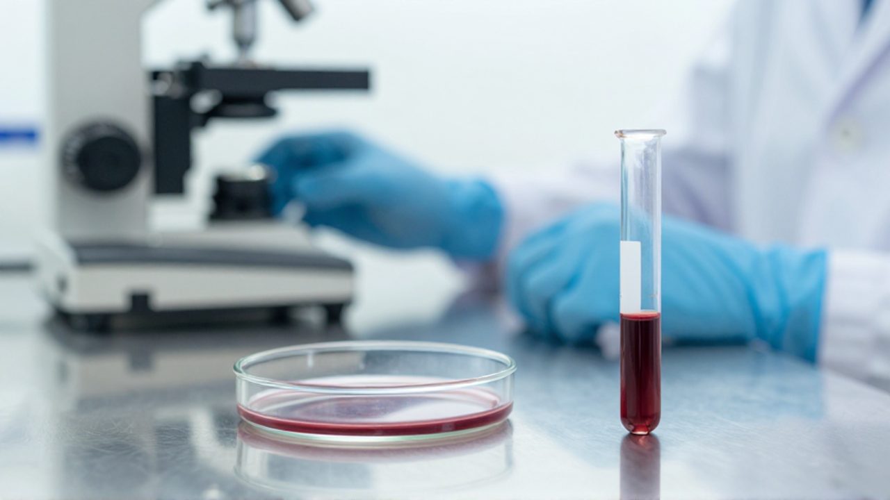 Muestras de sangre en una placa de Petri y un tubo de ensayo sobre una superficie de acero en un laboratorio veterinario.