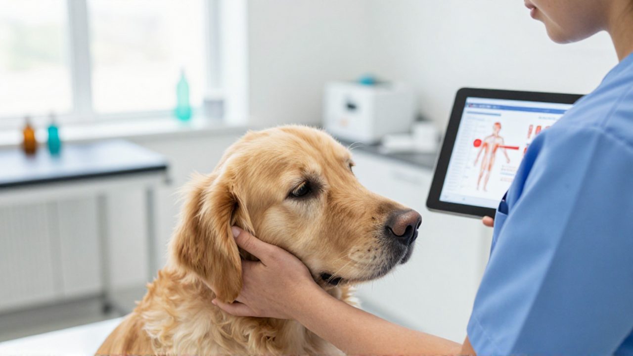Un veterinario acaricia la cabeza de un perro Golden Retriever mientras consulta los resultados de un análisis de sangre en una tableta durante una revisión médica.