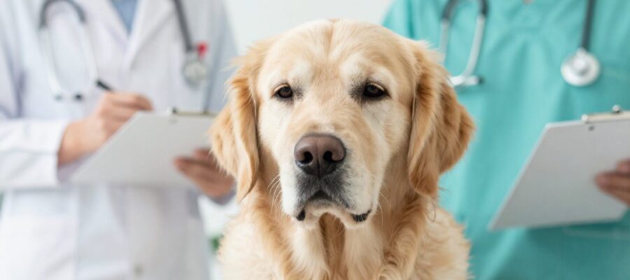 Un perro Golden Retriever con mirada cansada sentado en una mesa de exploración en una clínica veterinaria.