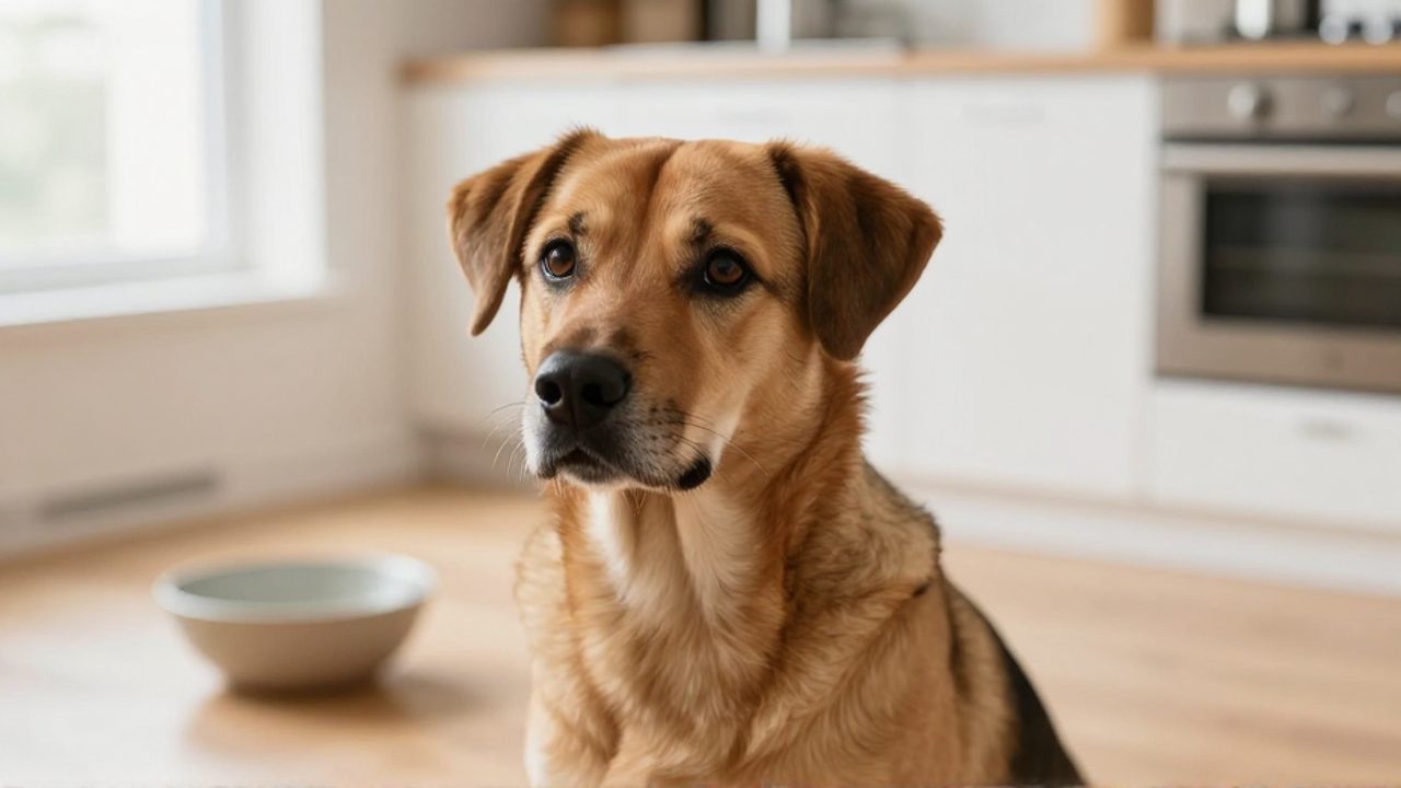 Perro mestizo con mirada cautelosa sentado en una cocina iluminada junto a un cuenco de comida vacío.