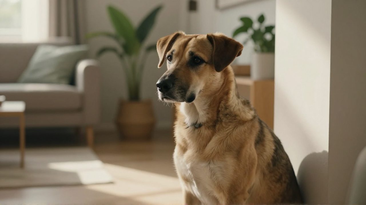Un perro de tamaño mediano observa con cautela y atención su entorno desde un rincón de una sala de estar iluminada por el sol.