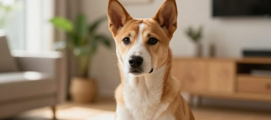 Un perro Basenji sentado con expresión tranquila y curiosa en una sala de estar iluminada por el sol.