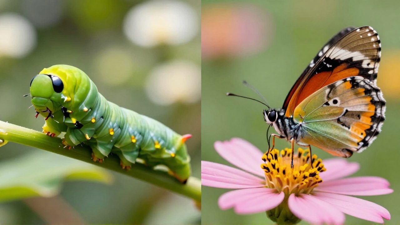 Comparativa lado a lado que muestra las patas carnosas de una oruga sobre un tallo frente a las seis patas delgadas y articuladas de una mariposa sobre una flor.