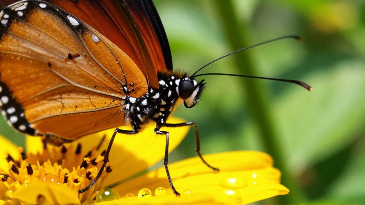 Detalle macro de una mariposa de la familia Nymphalidae posada sobre un pétalo, mostrando la estructura de sus patas y texturas de su cuerpo.