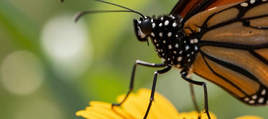 Primer plano macro de las patas y garras tarsales de una mariposa monarca sujetándose al pétalo de una flor.
