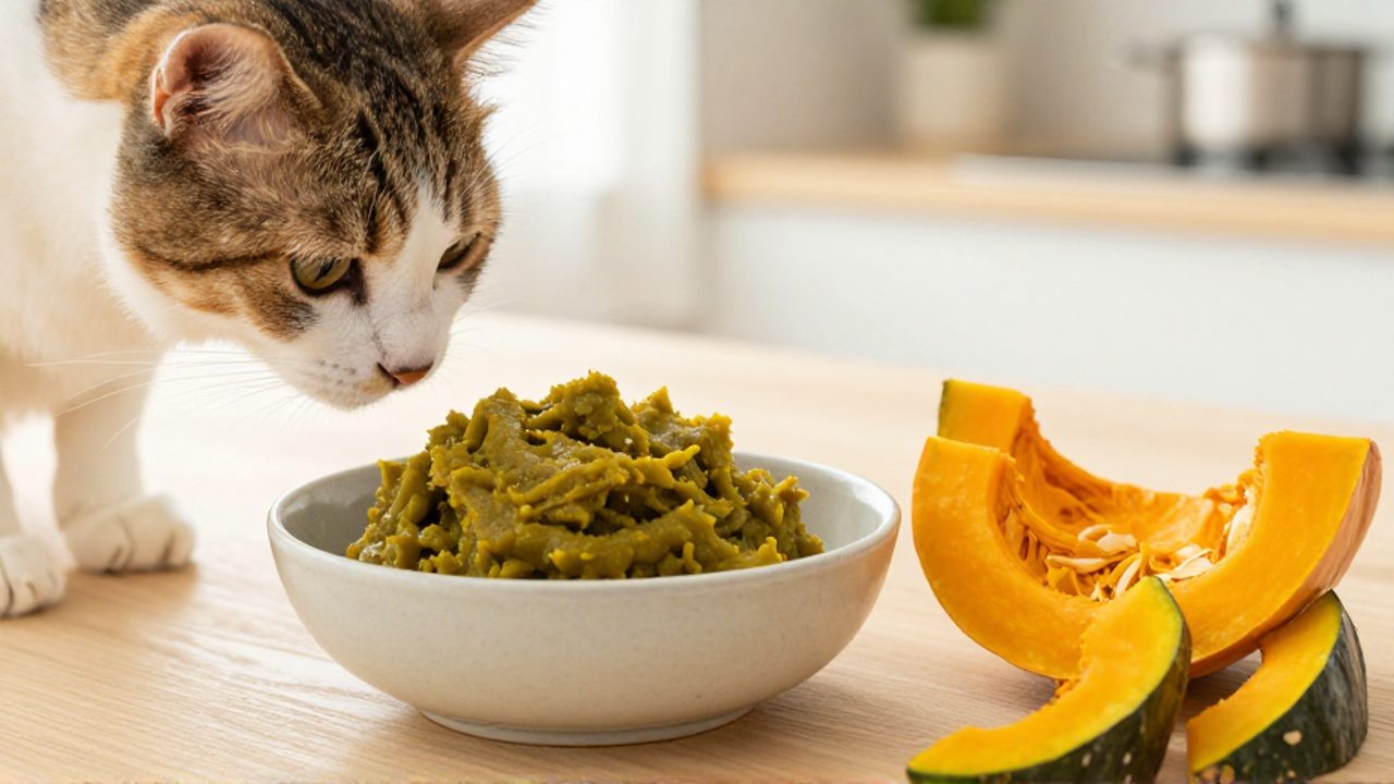 Un gato se acerca con curiosidad a un cuenco con puré de calabaza verde sobre una mesa de madera en una cocina luminosa.