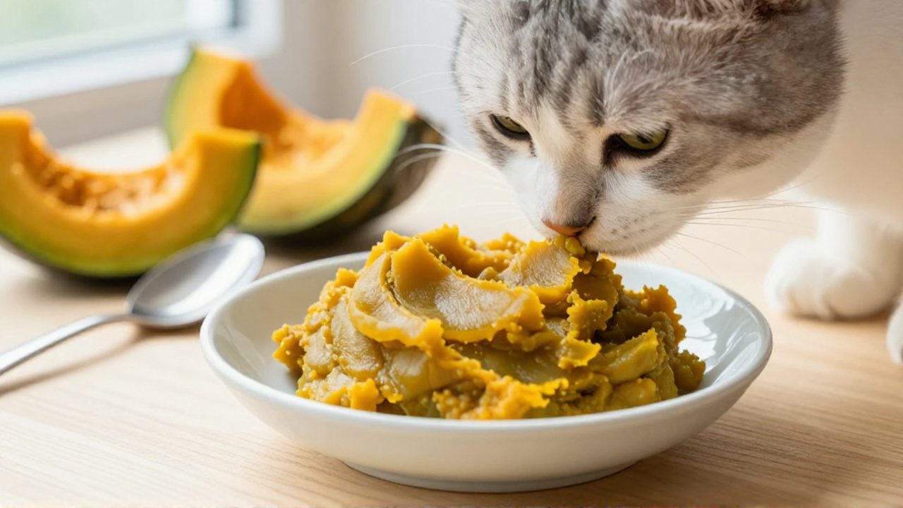 Un gato olfatea con curiosidad una pequeña porción de calabaza verde cocida servida en un cuenco de cerámica.
